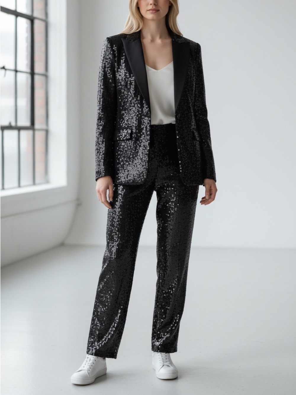Each x Other Black Sequin Tuxedo Suit Set Satin Lapel Blazer & Pants Size Small